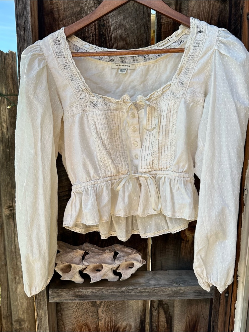 American Eagle Outfitters Cream Lace-Trim Peplum Blouse